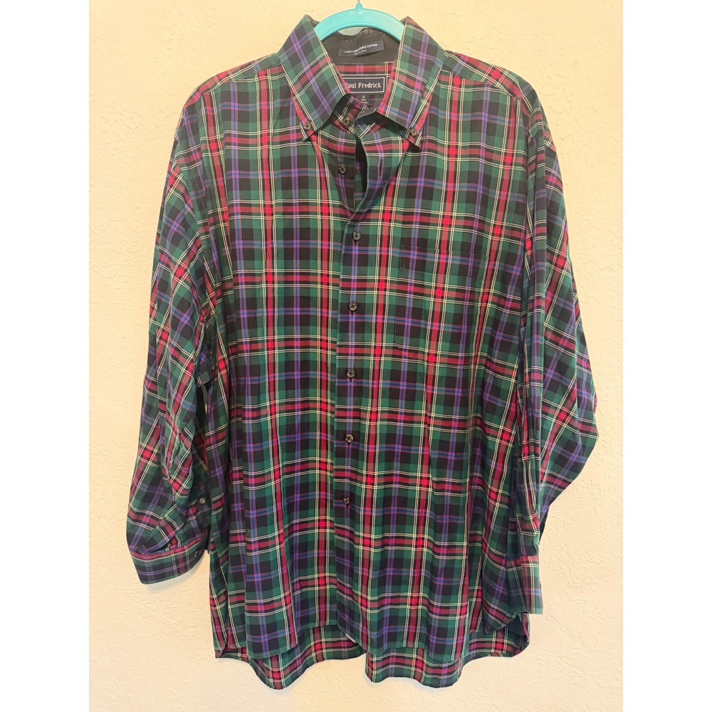 Paul Fredrick Mens XL Plaid Button Down Shirt Green Red Long Staple Cotton LS
